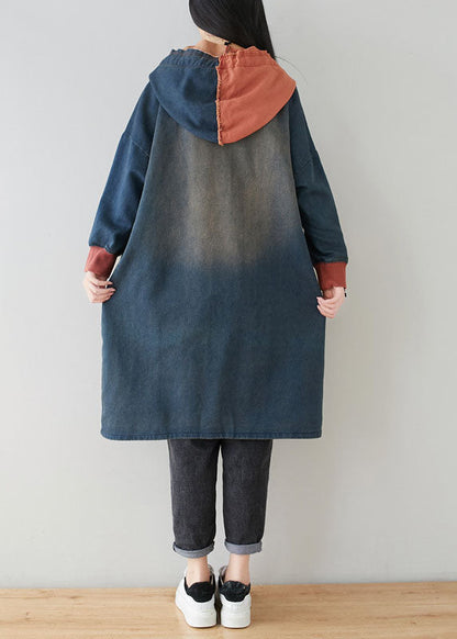 vintage Blue pockets Patchwork Hooded coats Spring