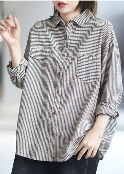 vintage Grey Peter Pan Collar button Striped Shirts Spring
