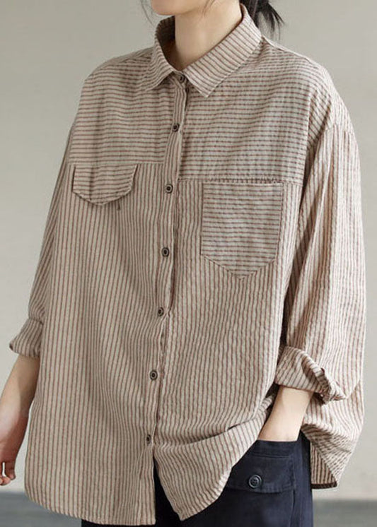 vintage Grey Peter Pan Collar button Striped Shirts Spring