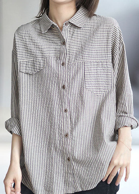 vintage Grey Peter Pan Collar button Striped Shirts Spring