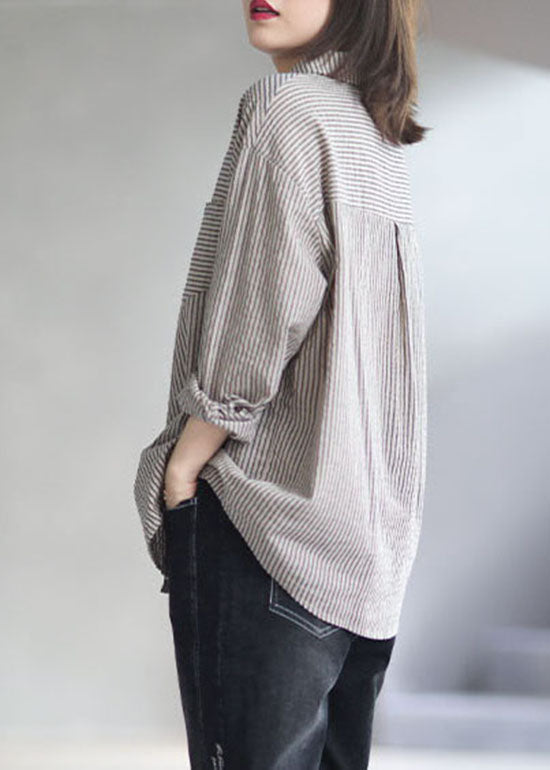 vintage Grey Peter Pan Collar button Striped Shirts Spring