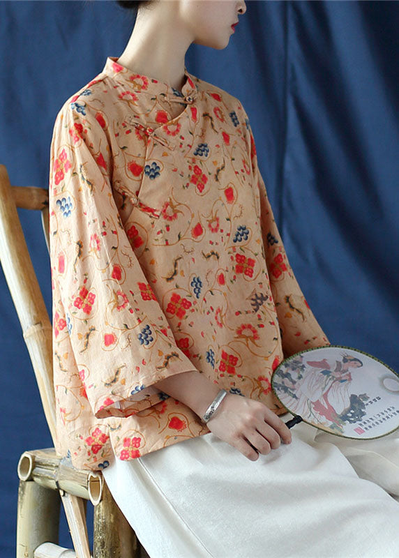 vintage Khaki button print Linen Shirt tops Three Quarter sleeve