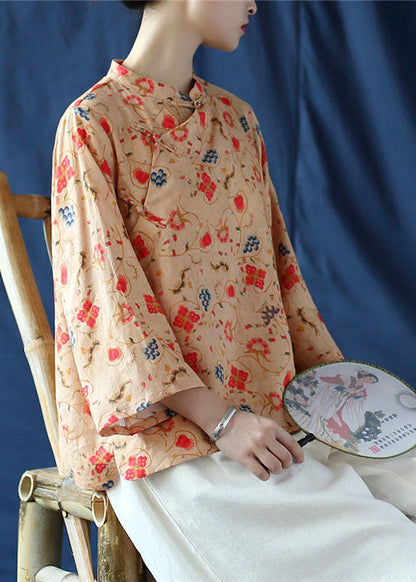 vintage Khaki button print Linen Shirt tops Three Quarter sleeve