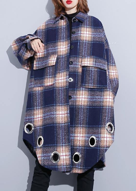 vintage Loose fitting Winter coat blue purple plaid lapel pockets wool overcoat - SooLinen