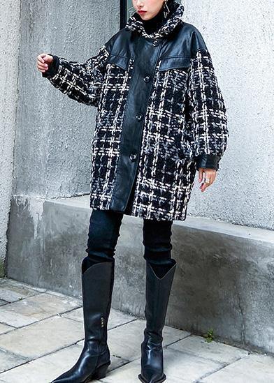 vintage Loose fitting Winter coat thick outwear plaid patchwork woolen coats - SooLinen