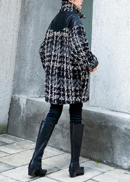 vintage Loose fitting Winter coat thick outwear plaid patchwork woolen coats - SooLinen