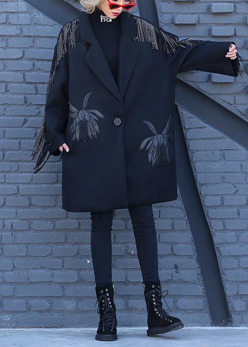 vintage Loose fitting Winter woolen outwear black print Notched woolen outwear - SooLinen