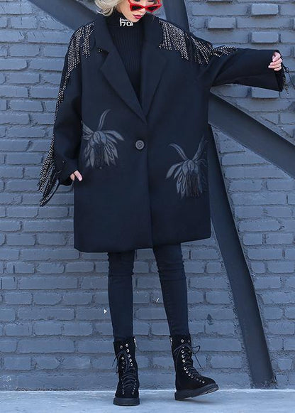 vintage Loose fitting Winter woolen outwear black print Notched woolen outwear - SooLinen