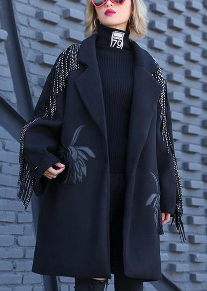 vintage Loose fitting Winter woolen outwear black print Notched woolen outwear - SooLinen