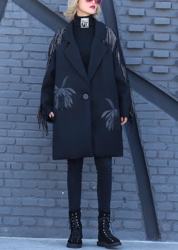 vintage Loose fitting Winter woolen outwear black print Notched woolen outwear - SooLinen