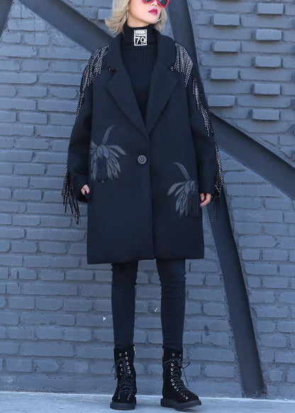 vintage Loose fitting Winter woolen outwear black print Notched woolen outwear - SooLinen