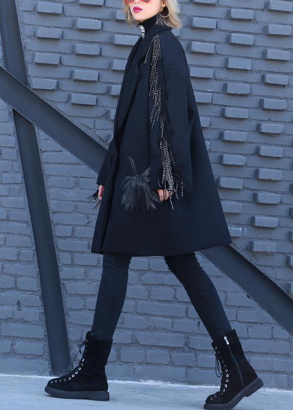 vintage Loose fitting Winter woolen outwear black print Notched woolen outwear - SooLinen