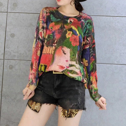 Vintage Belle Print lässiger Baumwollpullover T-Shirt Oversize O-Ausschnitt Stricktops warmer Winter