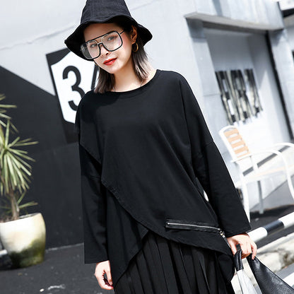 Vintage schwarzer Pullover aus Baumwollmischung in Übergröße mit O-Ausschnitt und asymmetrischen Hemden 2018, lange Ärmel, kurzes T-Shirt mit Reißverschluss