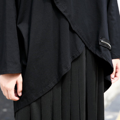 Vintage schwarzer Pullover aus Baumwollmischung in Übergröße mit O-Ausschnitt und asymmetrischen Hemden 2018, lange Ärmel, kurzes T-Shirt mit Reißverschluss