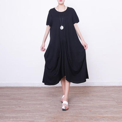 Vintage schwarzes langes Leinenkleid plus Größe Kurzarm Leinen Kleidung Kleider Neue asymmetrische Saum Maxi-Kleider