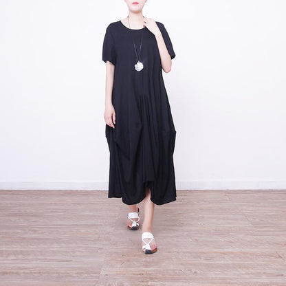 Vintage schwarzes langes Leinenkleid plus Größe Kurzarm Leinen Kleidung Kleider Neue asymmetrische Saum Maxi-Kleider