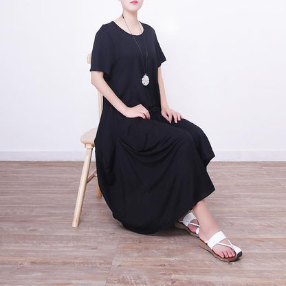 Vintage schwarzes langes Leinenkleid plus Größe Kurzarm Leinen Kleidung Kleider Neue asymmetrische Saum Maxi-Kleider