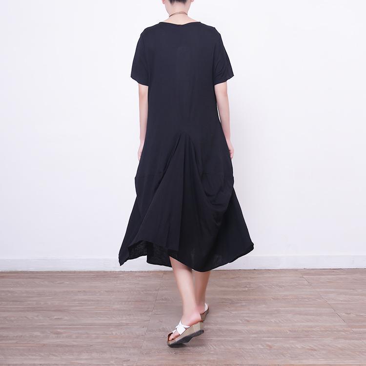 Vintage schwarzes langes Leinenkleid plus Größe Kurzarm Leinen Kleidung Kleider Neue asymmetrische Saum Maxi-Kleider