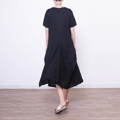 Vintage schwarzes langes Leinenkleid plus Größe Kurzarm Leinen Kleidung Kleider Neue asymmetrische Saum Maxi-Kleider