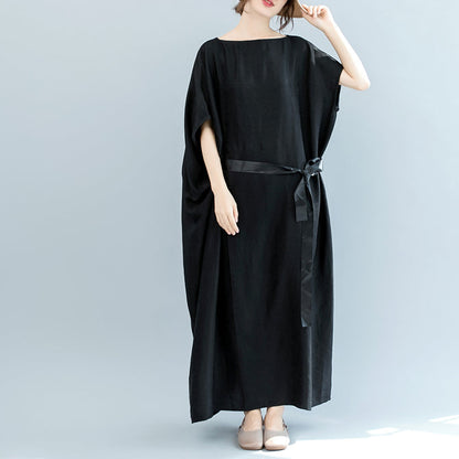 Vintage schwarzes Kleid aus Naturseide, gemischt, Übergröße, O-Ausschnitt, Patchwork, Taillenbund, Leinenkleidung, Kleider, Boutique, kurzärmelige Baggy-Kleider