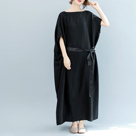 Vintage schwarzes Kleid aus Naturseide, gemischt, Übergröße, O-Ausschnitt, Patchwork, Taillenbund, Leinenkleidung, Kleider, Boutique, kurzärmelige Baggy-Kleider
