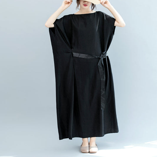 Vintage schwarzes Kleid aus Naturseide, gemischt, Übergröße, O-Ausschnitt, Patchwork, Taillenbund, Leinenkleidung, Kleider, Boutique, kurzärmelige Baggy-Kleider