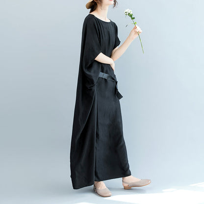Vintage schwarzes Kleid aus Naturseide, gemischt, Übergröße, O-Ausschnitt, Patchwork, Taillenbund, Leinenkleidung, Kleider, Boutique, kurzärmelige Baggy-Kleider