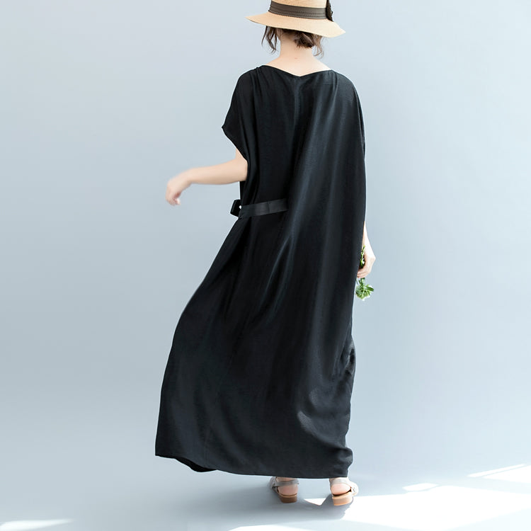 Vintage schwarzes Kleid aus Naturseide, gemischt, Übergröße, O-Ausschnitt, Patchwork, Taillenbund, Leinenkleidung, Kleider, Boutique, kurzärmelige Baggy-Kleider