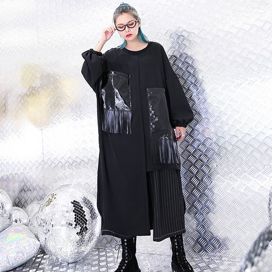 vintage black natural silk cotton blended dress trendy plus size O neck baggy dresses gown casual pockets tassel dresses