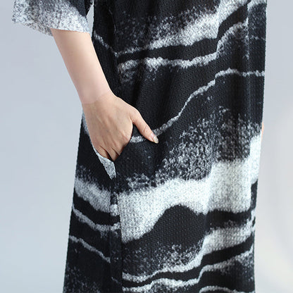 Vintage schwarzes Kleid aus reinem Leinen, Übergrößen, Urlaubskleider, feine O-Ausschnitt-Kleider aus asymmetrischem Leinen mit Streifen