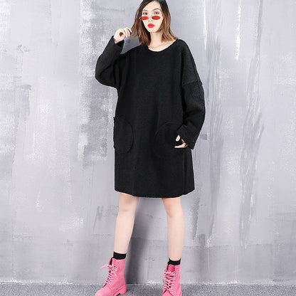 Vintage schwarze Tops aus reiner Wolle Oversize O-Ausschnitt Urlaubstops Neue Taschen Wollkleidung