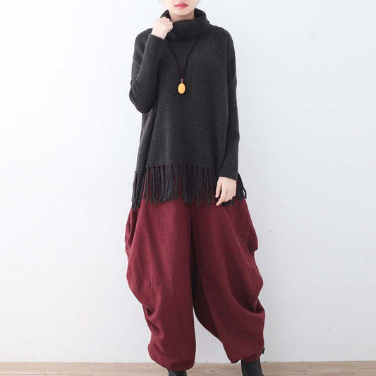 Vintage schwarzgrüner gemütlicher Pullover Herbstmode Quaste Strick Sweat Tops Elegantes High Neck Shirt