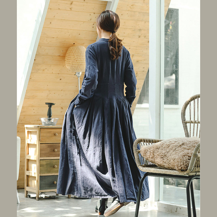 Vintage blauer Mantel Oversize Stehkragen langer Mantel Vintage Langarm Mantel mit großem Saum