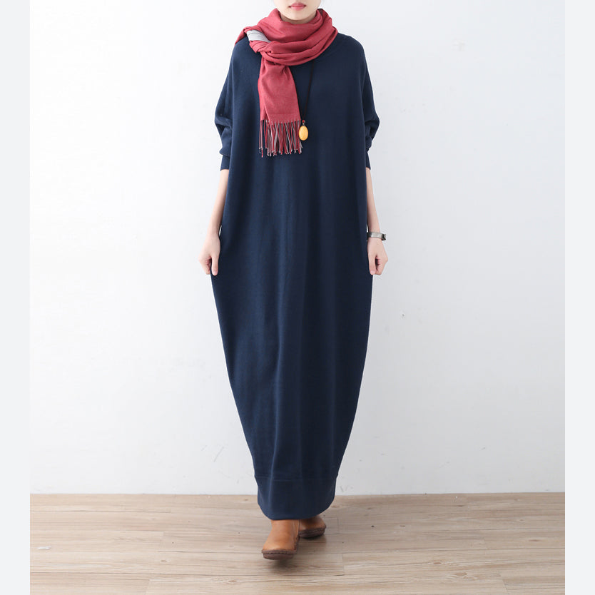 Vintage blaues Strickkleid Plussize Winterkleider Feines Winterkleid mit Fledermausärmeln