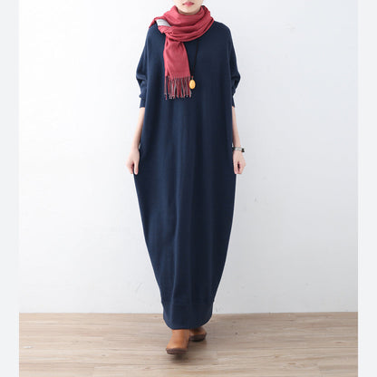 Vintage blaues Strickkleid Plussize Winterkleider Feines Winterkleid mit Fledermausärmeln