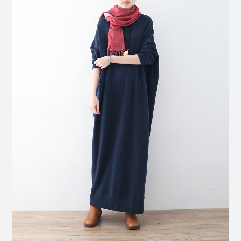 Vintage blaues Strickkleid Plussize Winterkleider Feines Winterkleid mit Fledermausärmeln