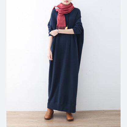 Vintage blaues Strickkleid Plussize Winterkleider Feines Winterkleid mit Fledermausärmeln