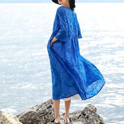 Vintage blaues Leinenkleid aus natürlicher Seide Locker sitzende O-Ausschnitt-Kleidung aus Seidenleinen für Damen Dreiviertelärmelige Baggy-Kleider