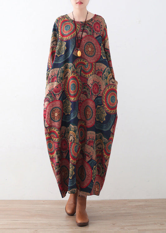 Vintage blau rot Drucke Pullover Kleider Plus Größe Kleidung Pullover lässig O Hals Winterkleid