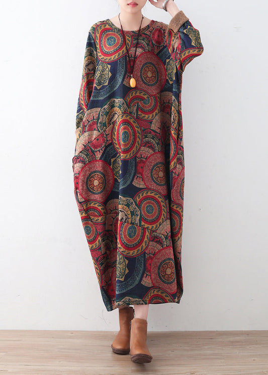 Vintage blau rot Drucke Pullover Kleider Plus Größe Kleidung Pullover lässig O Hals Winterkleid