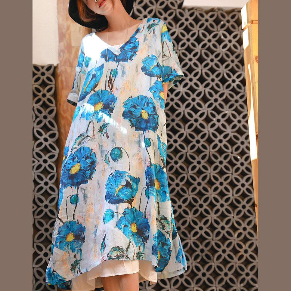 Vintage blau weiß bedrucktes Leinen Maxikleid Locker sitzendes V-Ausschnitt Leinenkleid feine Halbarm Baggy Kleider