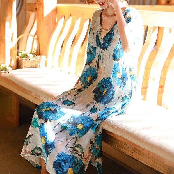 Vintage blau weiß bedrucktes Leinen Maxikleid Locker sitzendes V-Ausschnitt Leinenkleid feine Halbarm Baggy Kleider