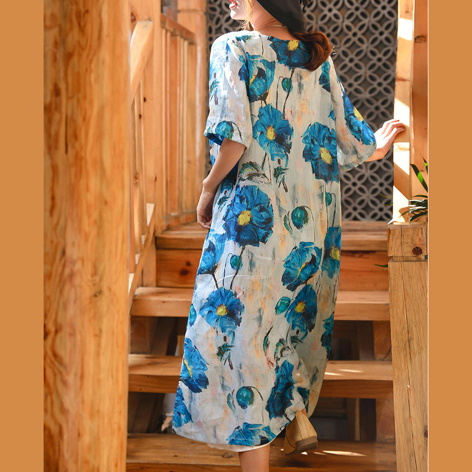 Vintage blau weiß bedrucktes Leinen Maxikleid Locker sitzendes V-Ausschnitt Leinenkleid feine Halbarm Baggy Kleider