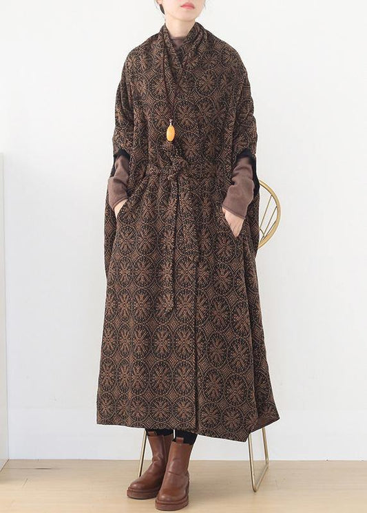 vintage brown wool coat plus size v neck trench coat cloak woolen outwear - SooLinen