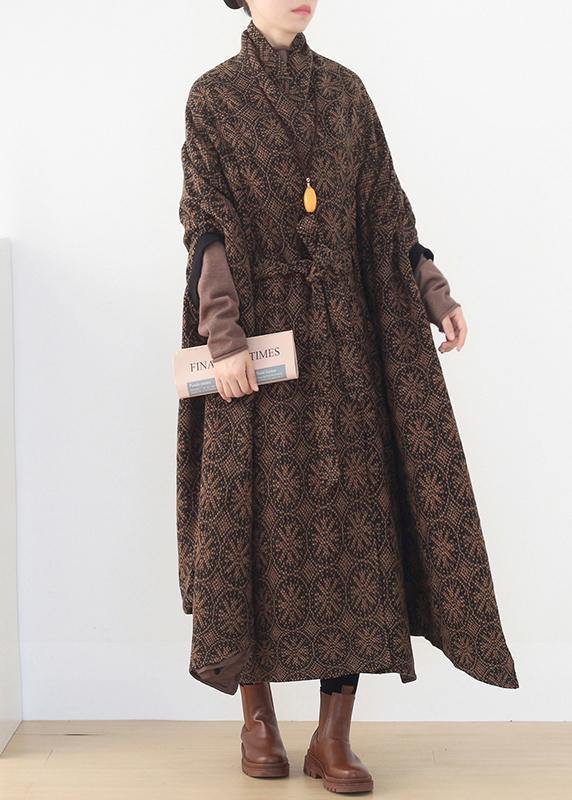 vintage brown wool coat plus size v neck trench coat cloak woolen outwear - SooLinen