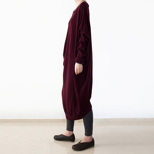 Vintage Burgund Strickkleider Herbstmode O Hals Pullover Frauen Low High Design lange Strickpullover