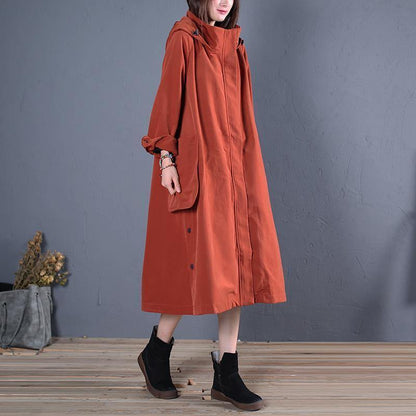 vintage casual Winter coat fall red hooded Coats Women - SooLinen