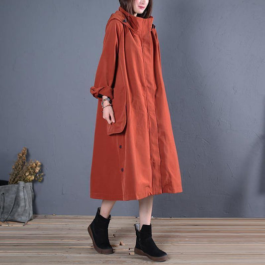 vintage casual Winter coat fall red hooded Coats Women - SooLinen