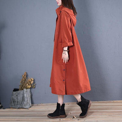 vintage casual Winter coat fall red hooded Coats Women - SooLinen